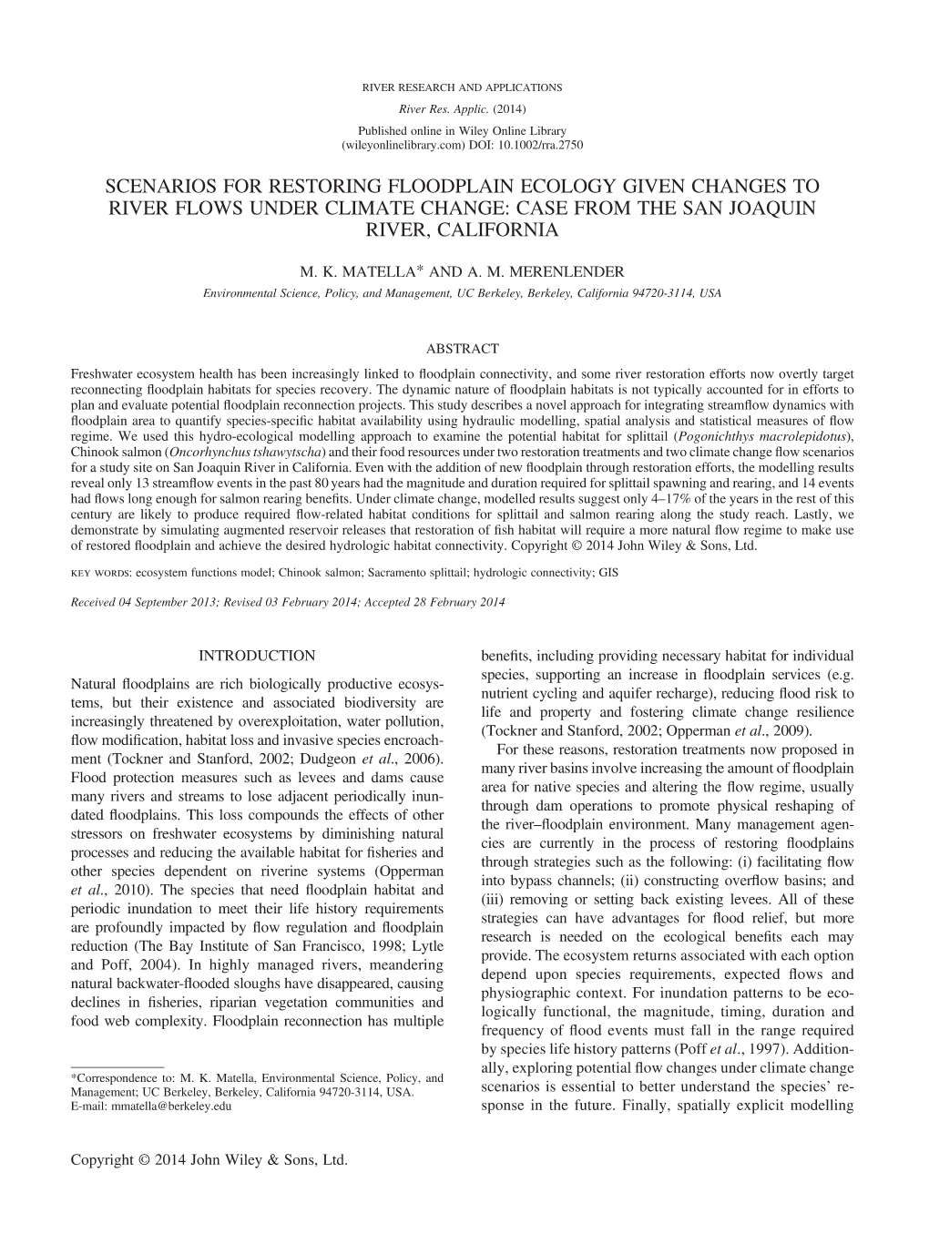 Scenarios for Restoring Floodplain Ecology Given Changes to River Flows Under Climate Change: Case from the San Joaquin River, California