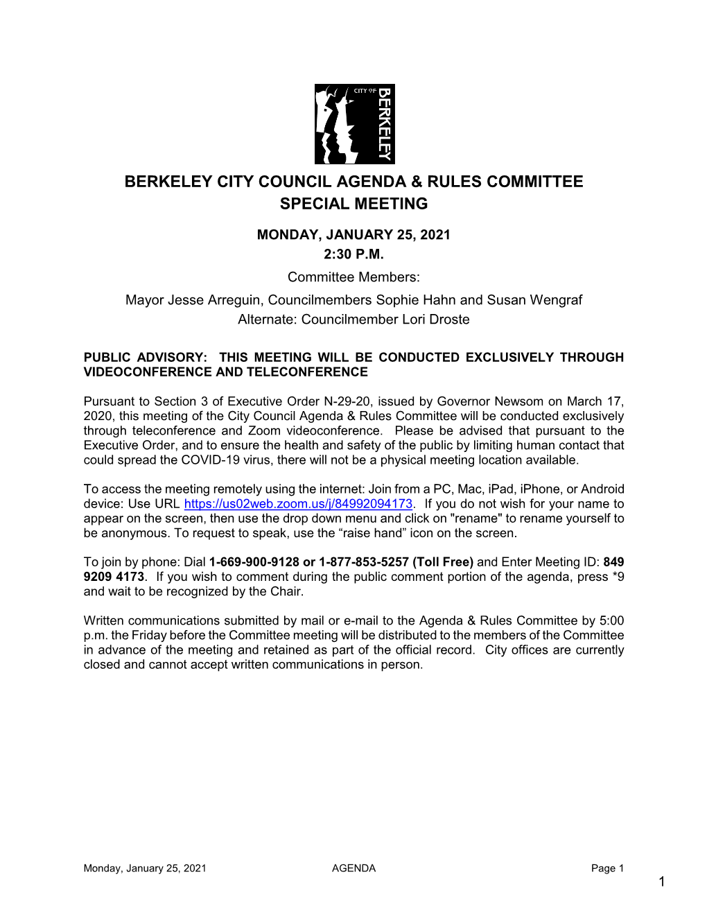 Berkeley City Council Agenda & Rules Committee Special