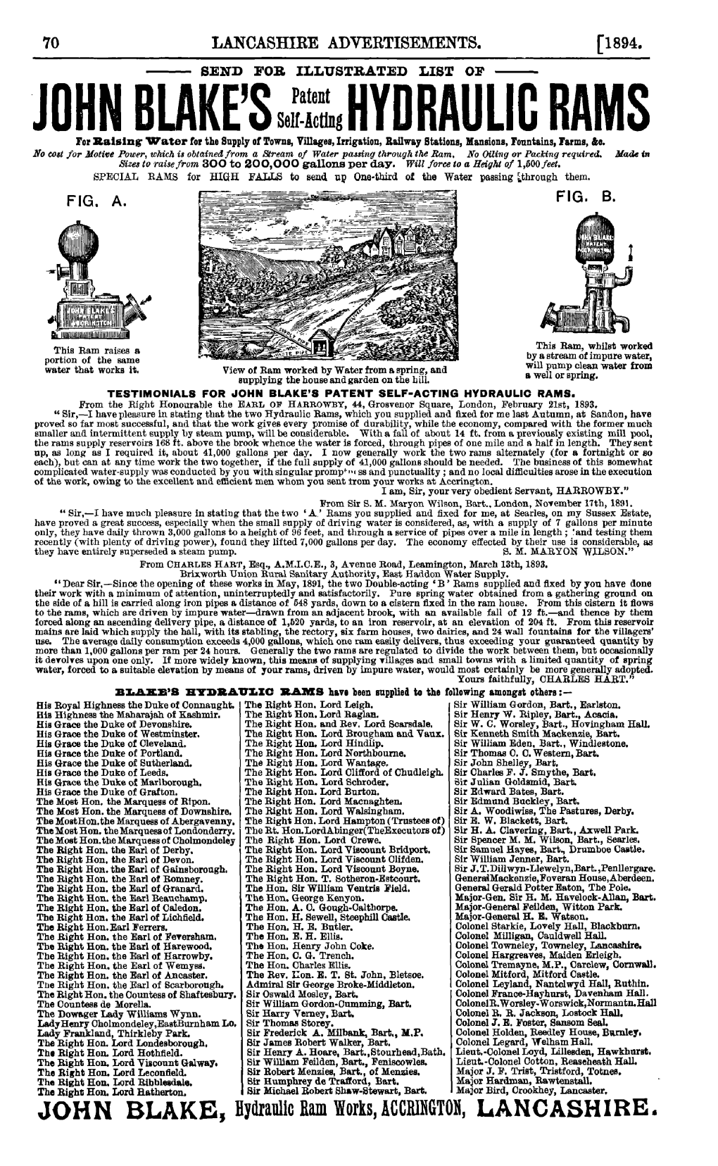 Patent Self-Actlng for Aalslng Water Tor the Supply Ot Towns, Villages, Irrigation, Railway Stations, Mansions, Fountains, Farms, &0