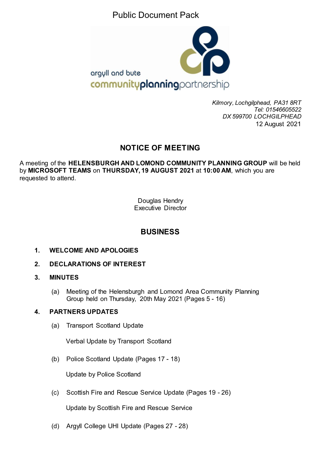 Agenda Document for Helensburgh and Lomond Community Planning