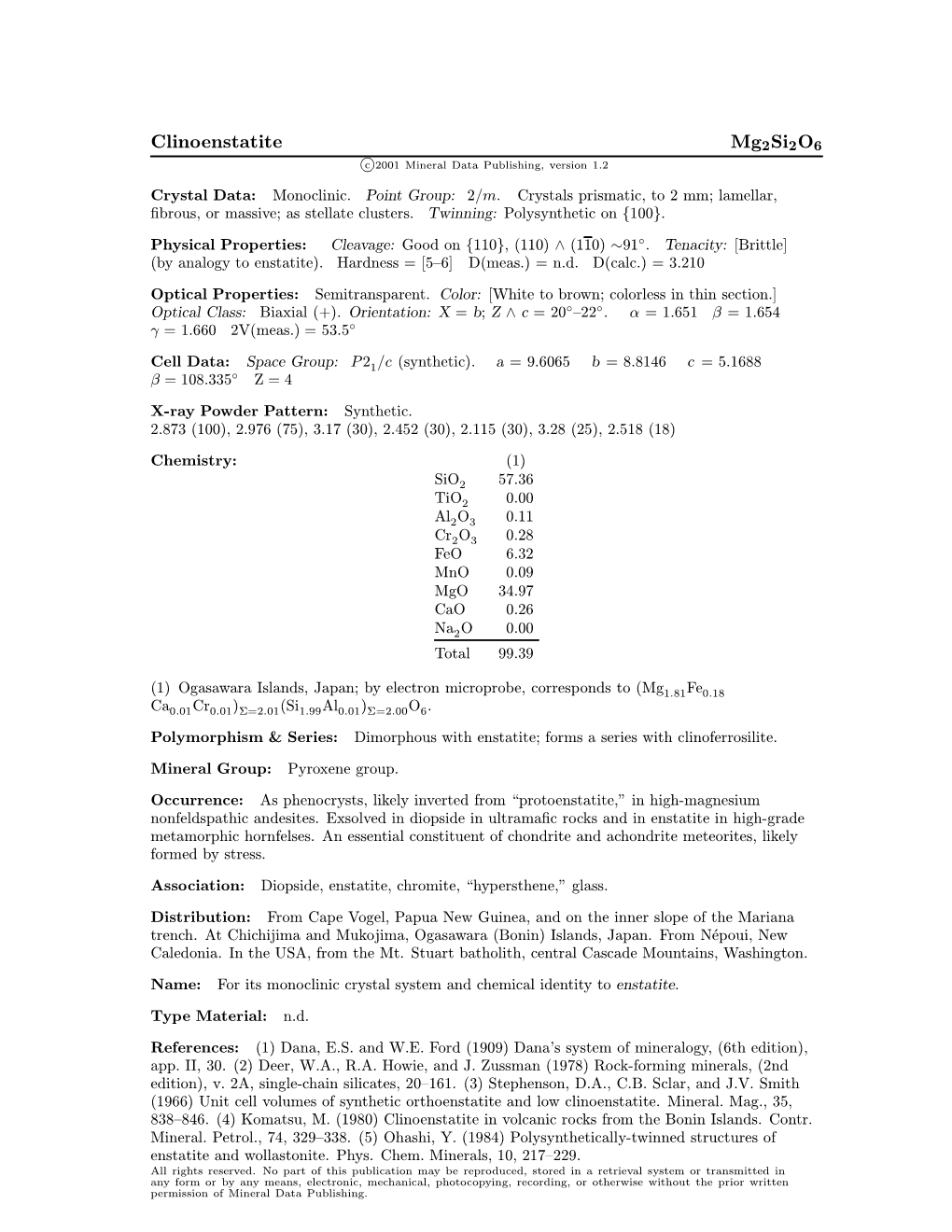 Clinoenstatite Mg2si2o6 C 2001 Mineral Data Publishing, Version 1.2 ° Crystal Data: Monoclinic