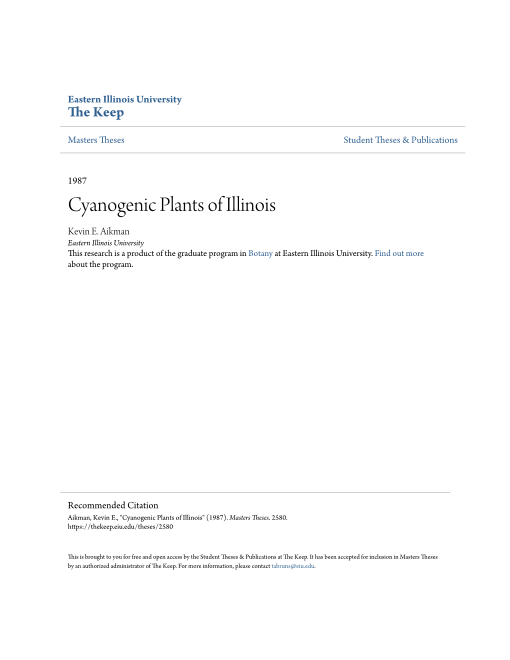 Cyanogenic Plants of Illinois Kevin E