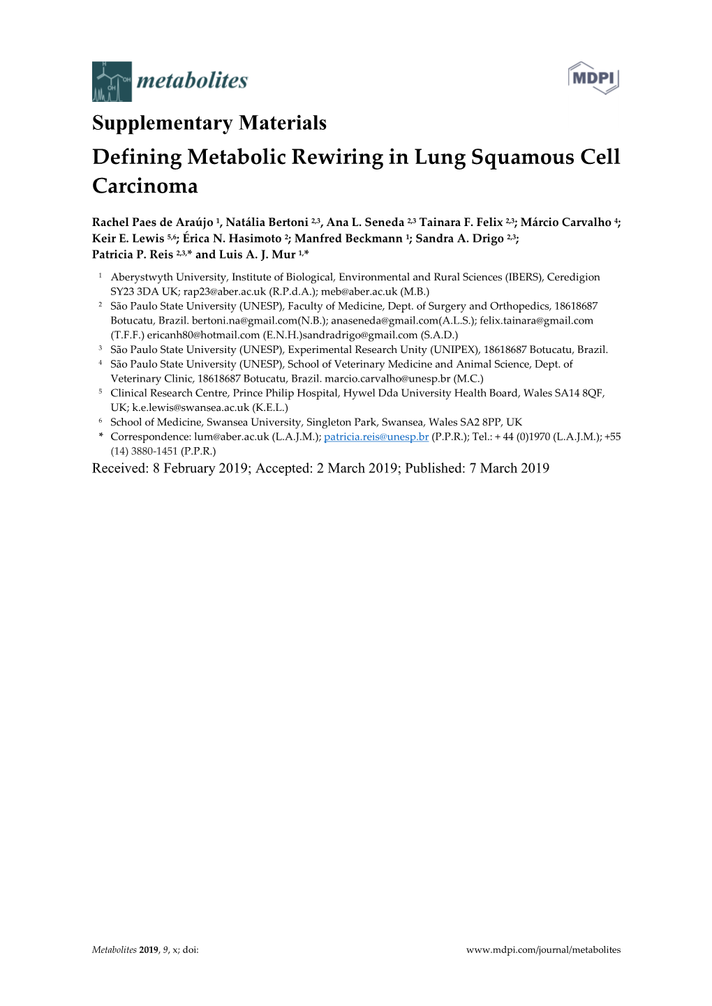 Supplementary Materials Defining Metabolic Rewiring in Lung Squamous Cell Carcinoma