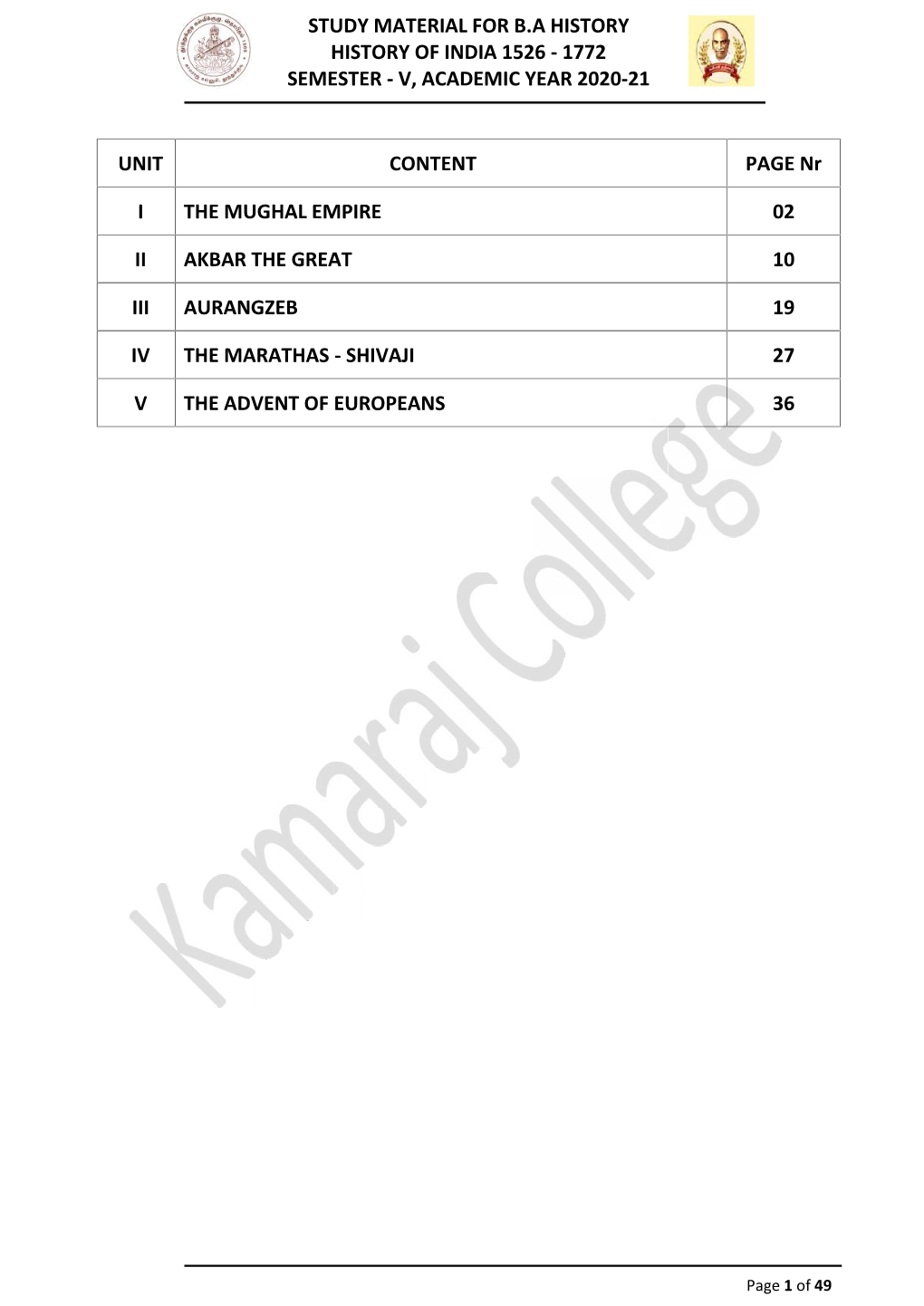 Study Materia History of I Semester