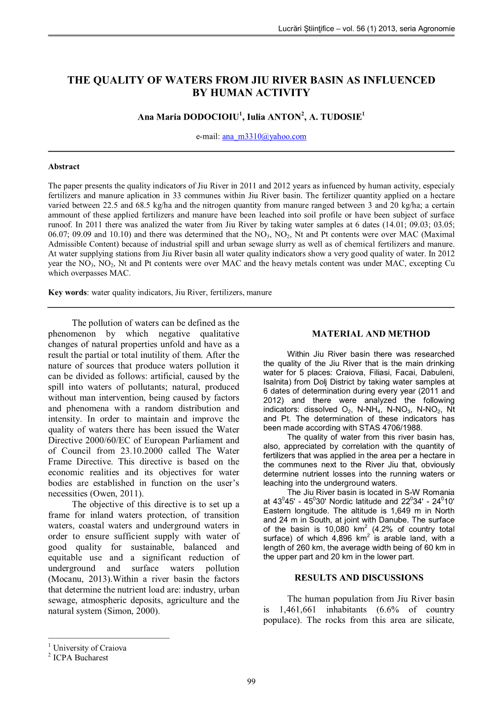 The Quality of Waters from Jiu River Basin As Influenced by Human Activity