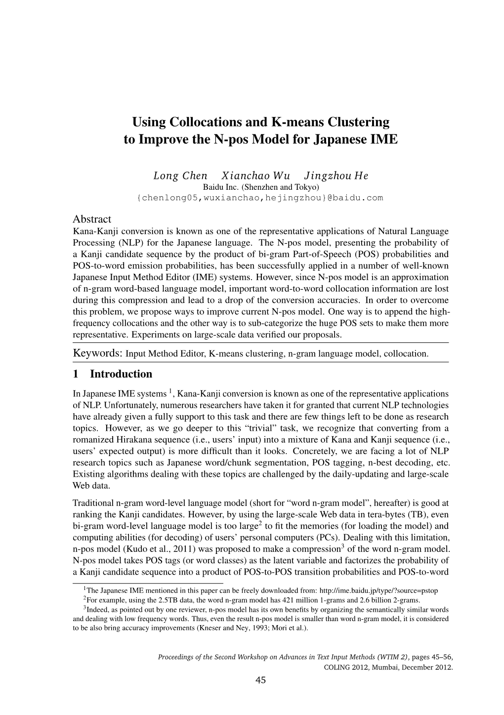 Using Collocations and K-Means Clustering to Improve the N-Pos Model for Japanese IME