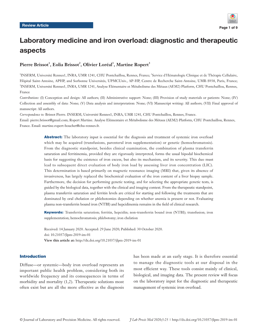 Laboratory Medicine and Iron Overload: Diagnostic and Therapeutic Aspects