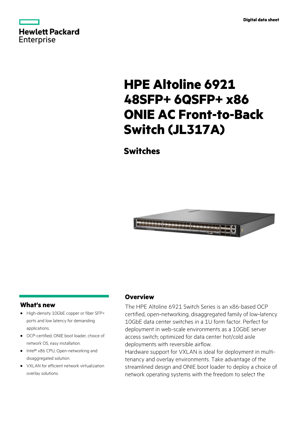 HPE Altoline 6921 48SFP+ 6QSFP+ X86 ONIE AC Front-To-Back Switch (JL317A)