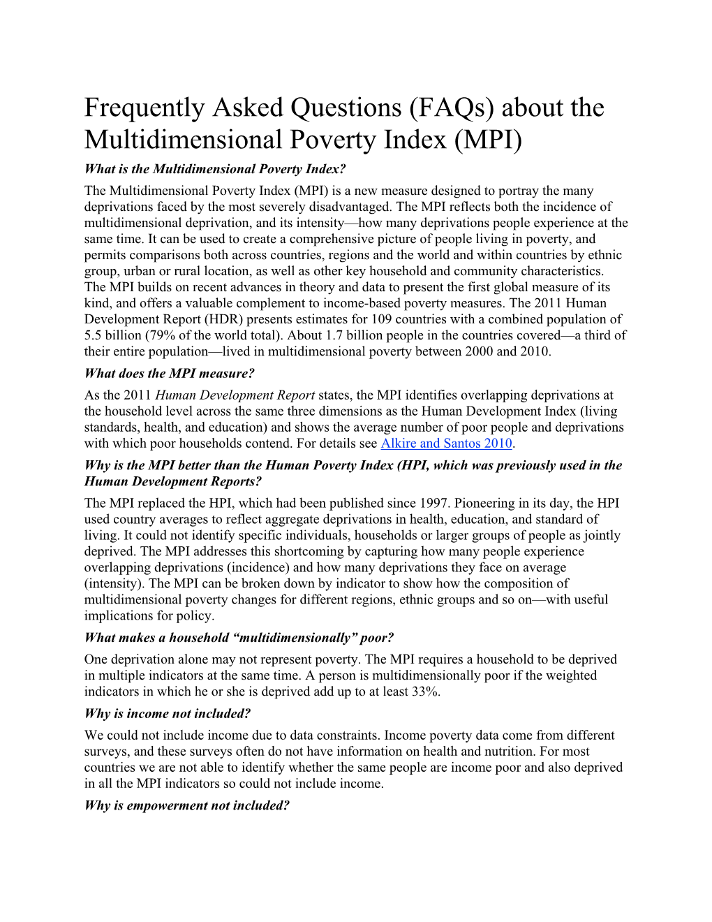 Frequently Asked Questions (Faqs) About the Multidimensional Poverty