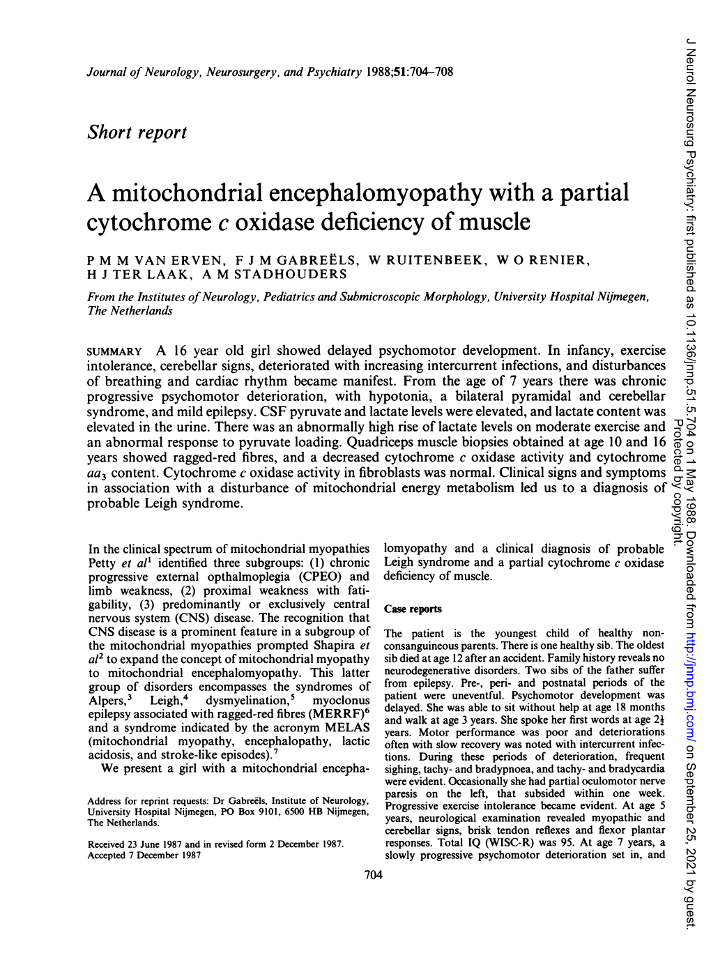 A Mitochondrial Encephalomyopathy with a Partial Cytochrome C Oxidase Deficiency of Muscle