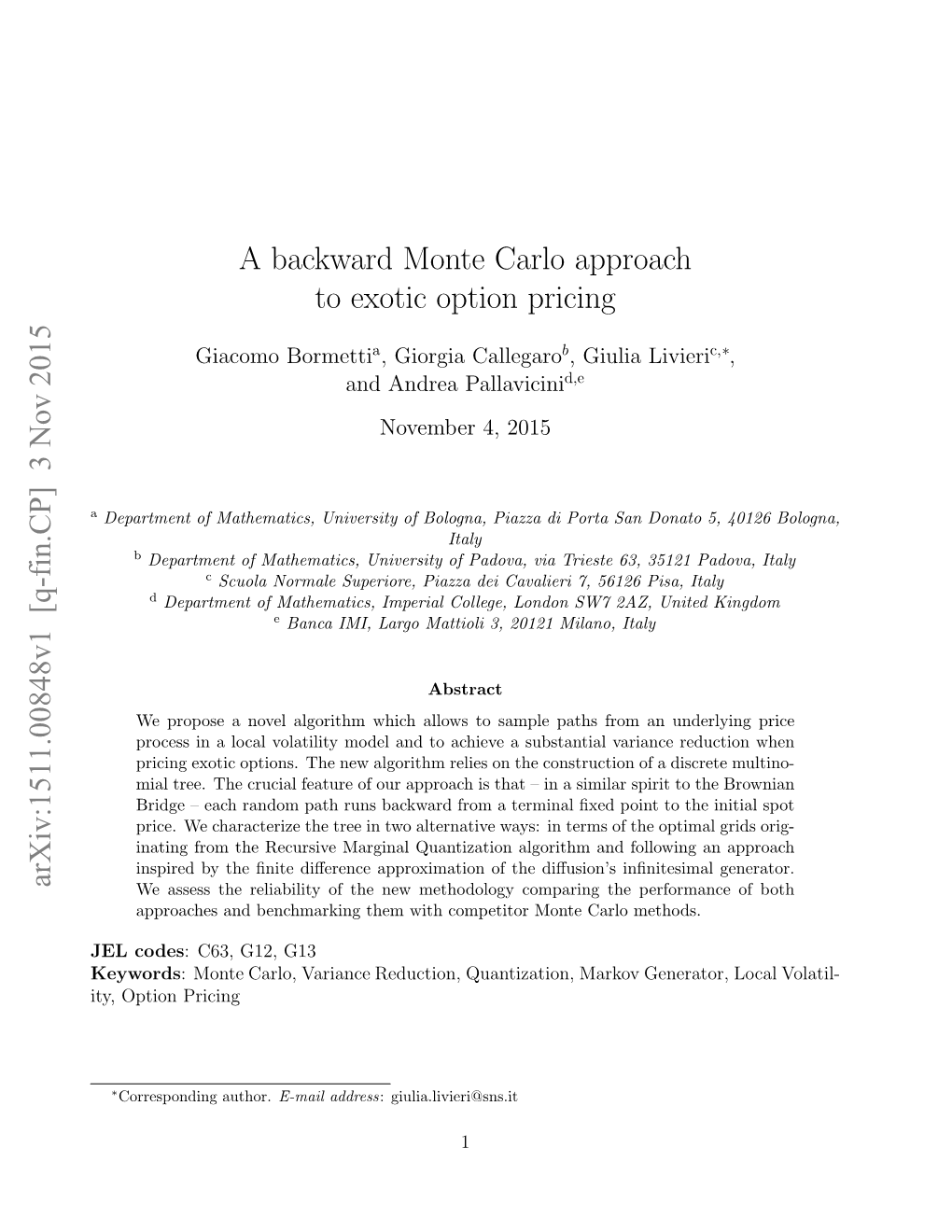 A Backward Monte Carlo Approach to Exotic Option Pricing Arxiv