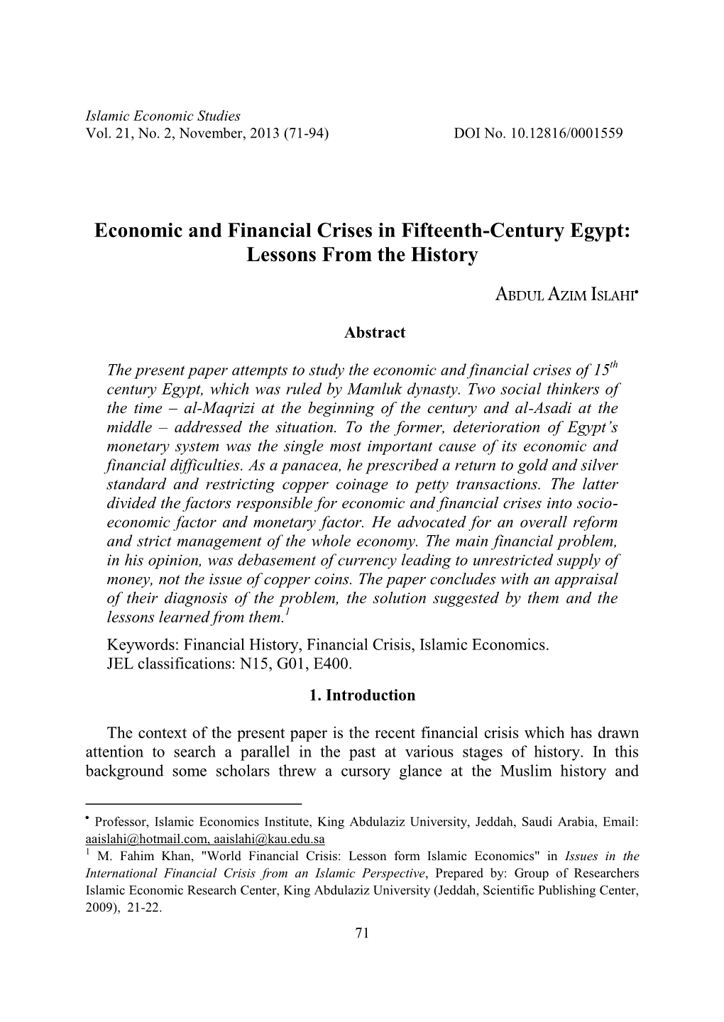 Economic and Financial Crises in Fifteenth-Century Egypt: Lessons from the History