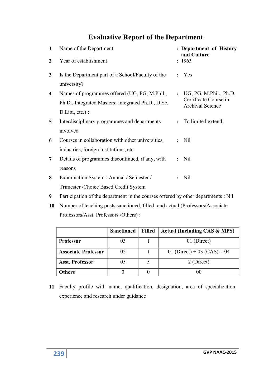 239 Evaluative Report of the Department