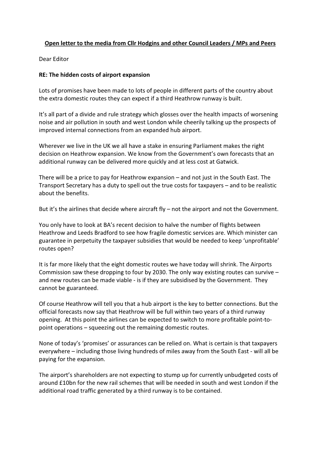 Open Letter to the Media from Cllr Hodgins and Other Council Leaders / Mps and Peers