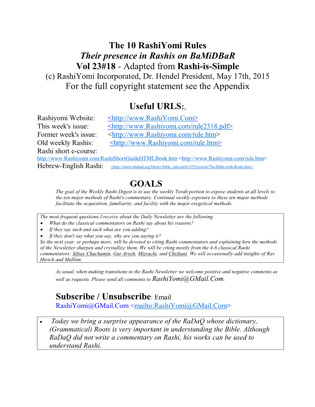 The 10 Rashiyomi Rules Their Presence in Rashis on Bamidbar Vol 23#18 - Adapted from Rashi-Is-Simple (C) Rashiyomi Incorporated, Dr