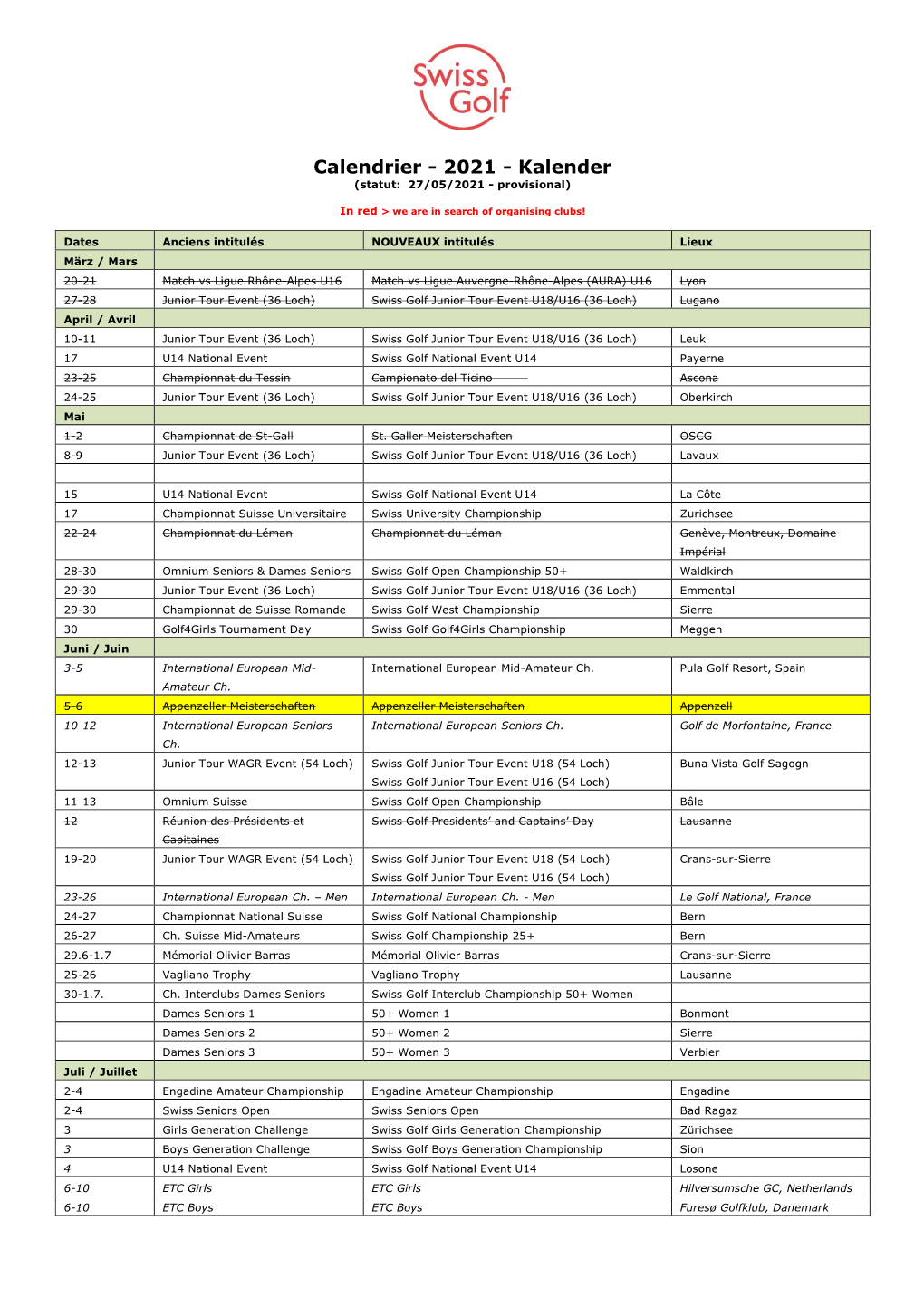 Calendrier - 2021 - Kalender (Statut: 27/05/2021 - Provisional)