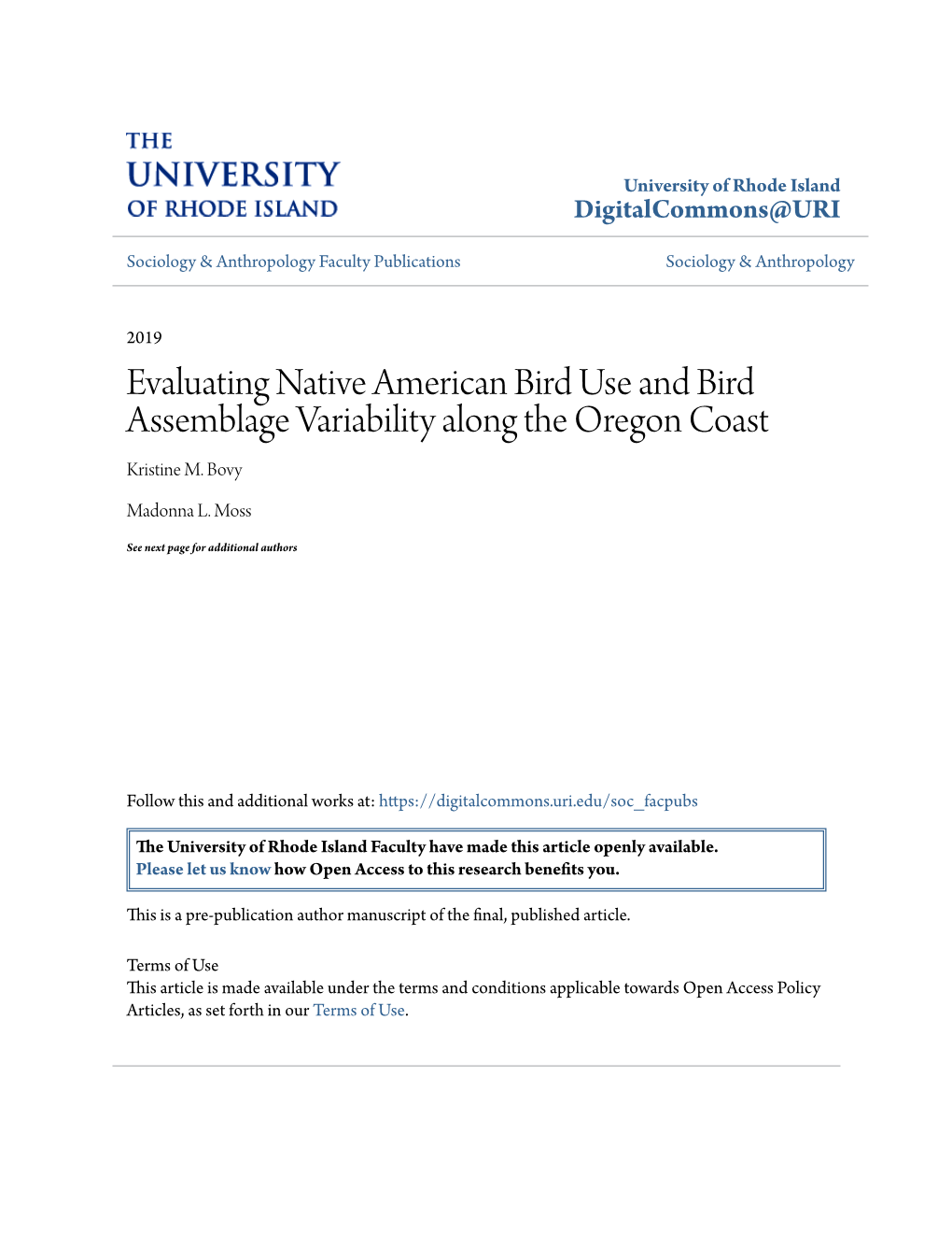 Evaluating Native American Bird Use and Bird Assemblage Variability Along the Oregon Coast Kristine M