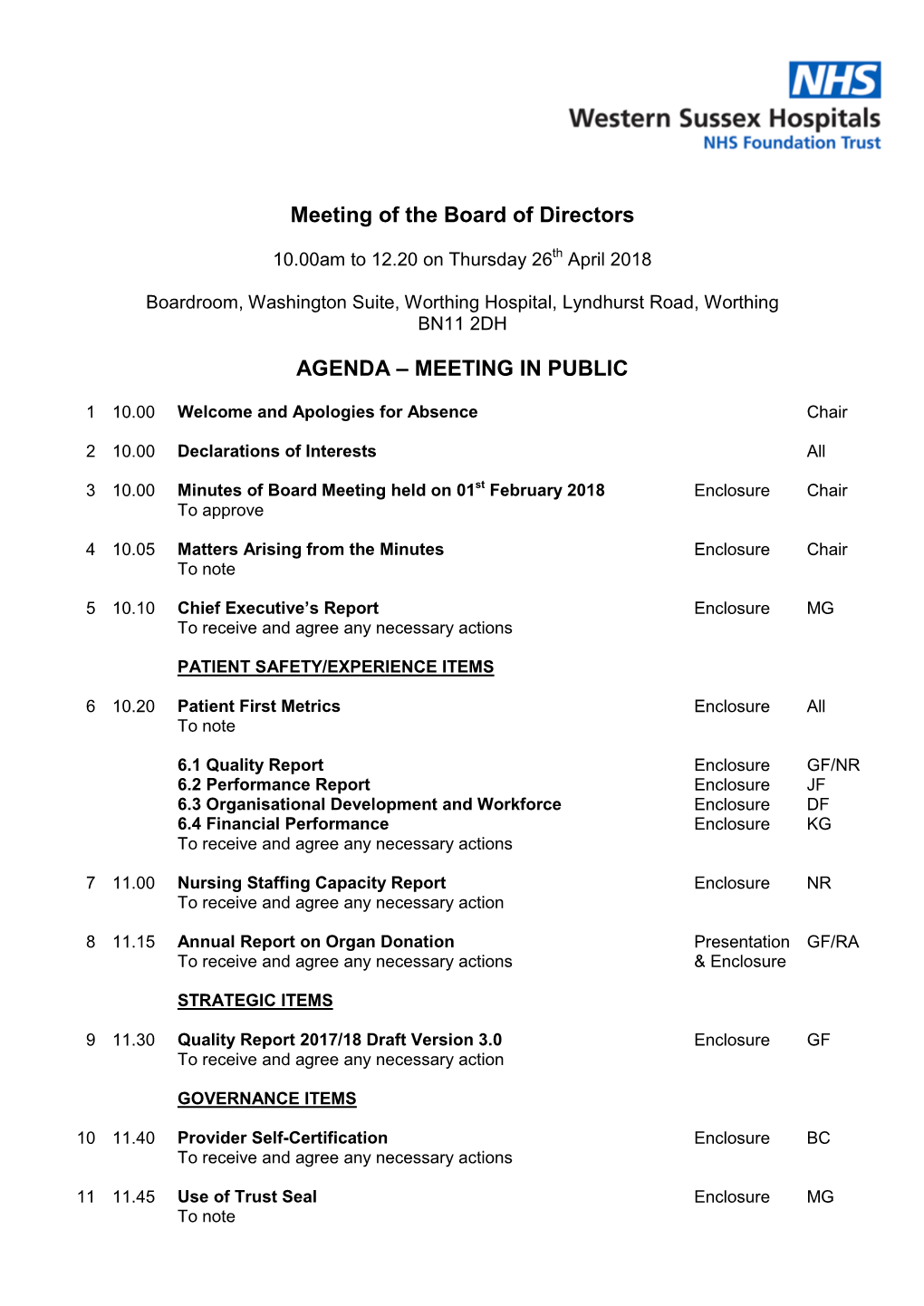 Meeting of the Board of Directors AGENDA