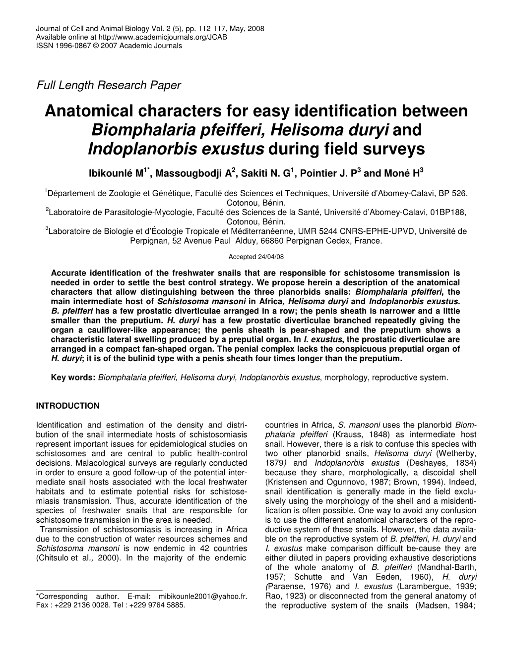 Anatomical Characters for Easy Identification Between Biomphalaria Pfeifferi, Helisoma Duryi and Indoplanorbis Exustus During Field Surveys