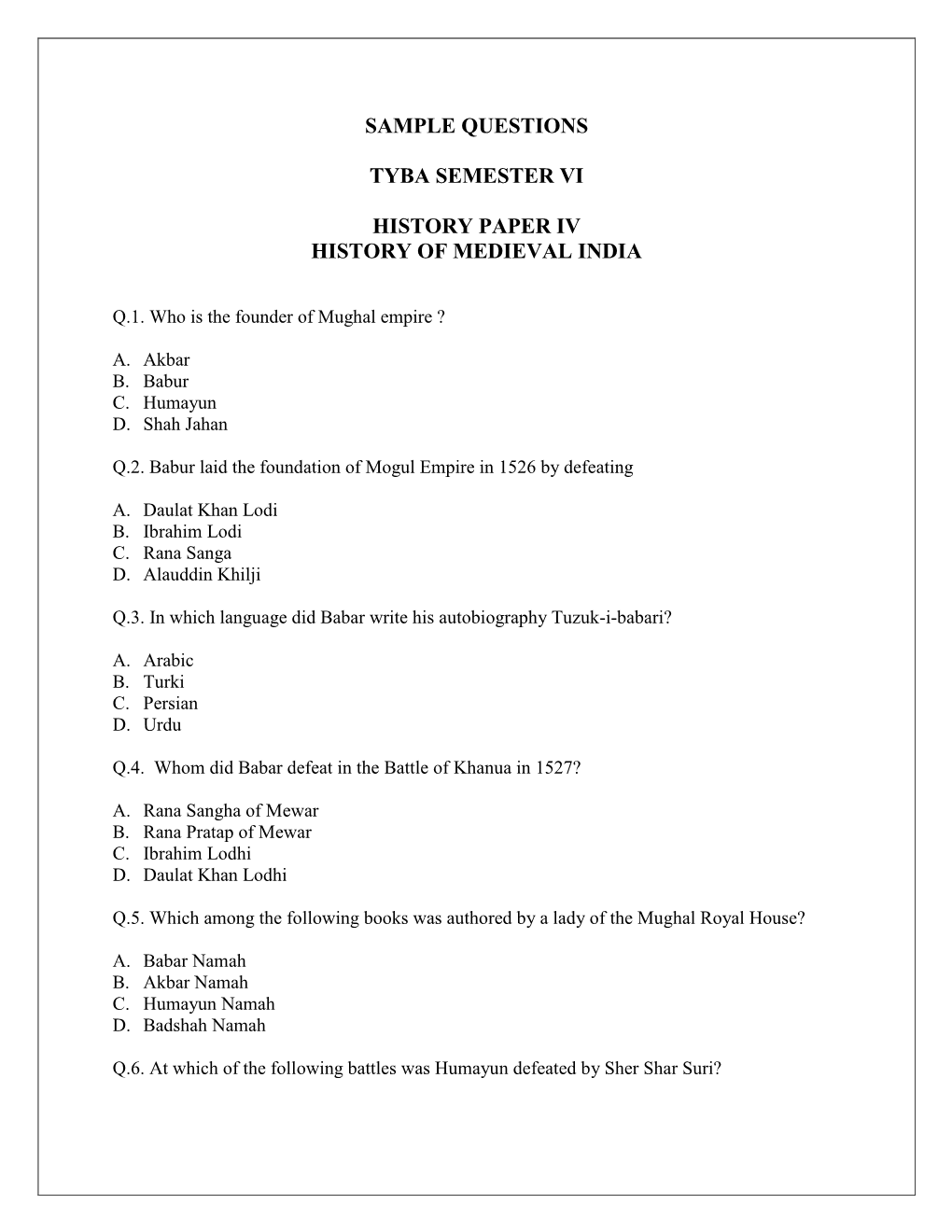 Sample Questions Tyba Semester Vi History Paper Iv History of Medieval India