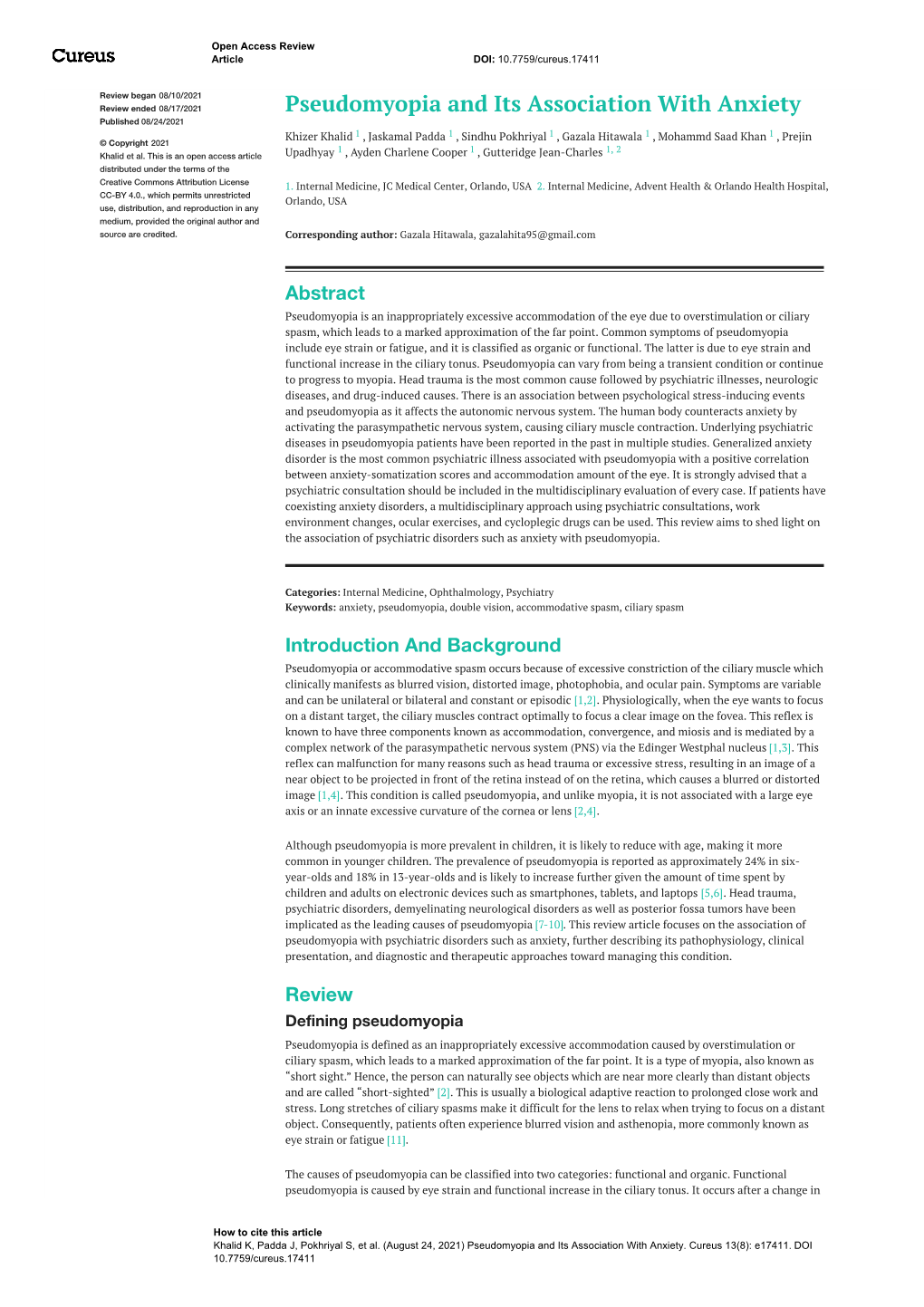 Pseudomyopia and Its Association with Anxiety