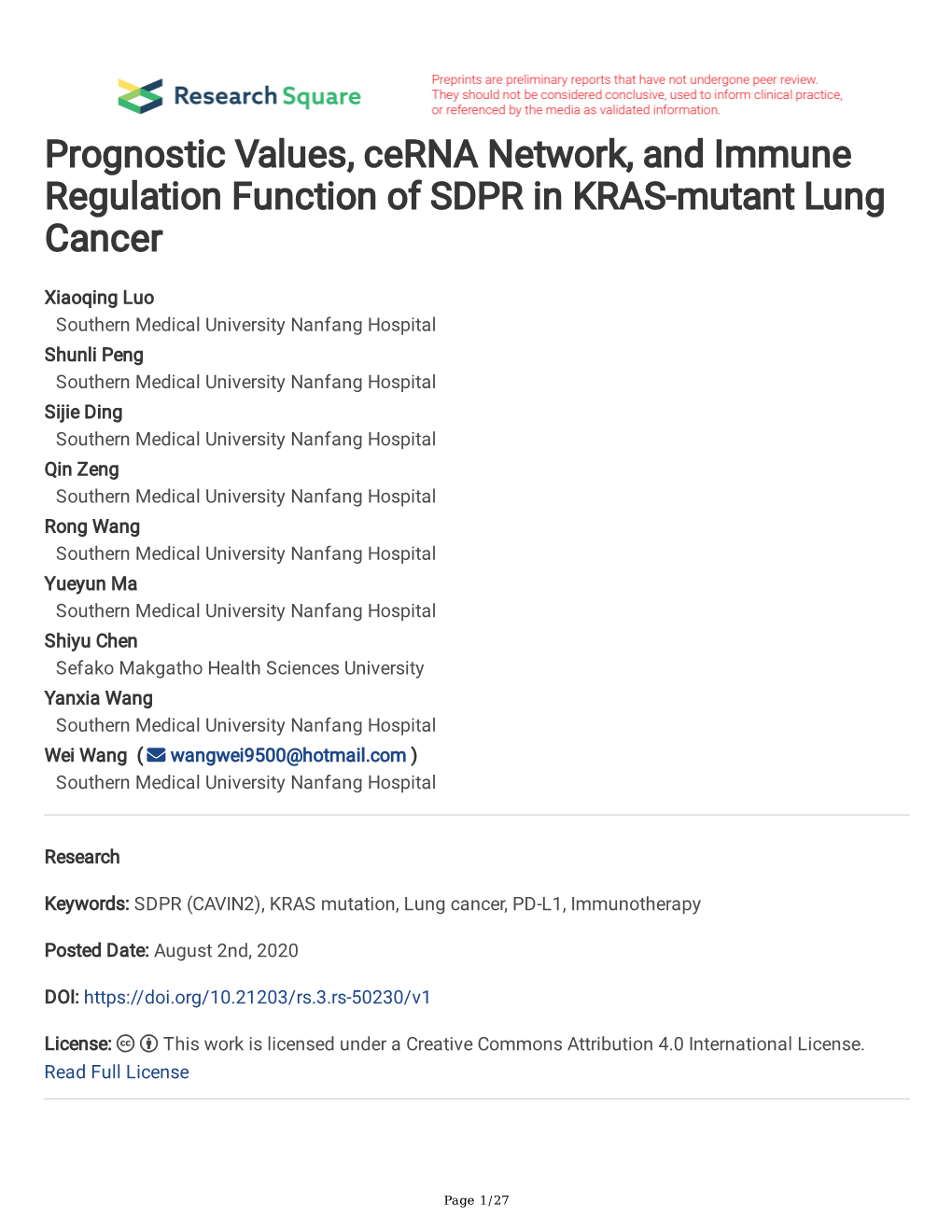 Prognostic Values, Cerna Network, and Immune Regulation Function of SDPR in KRAS-Mutant Lung Cancer