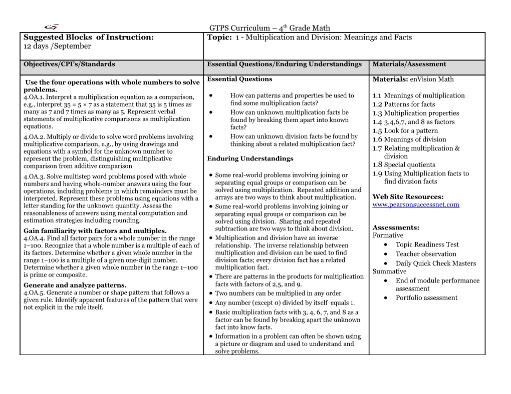 GTPS Curriculum 4Th Grade Math