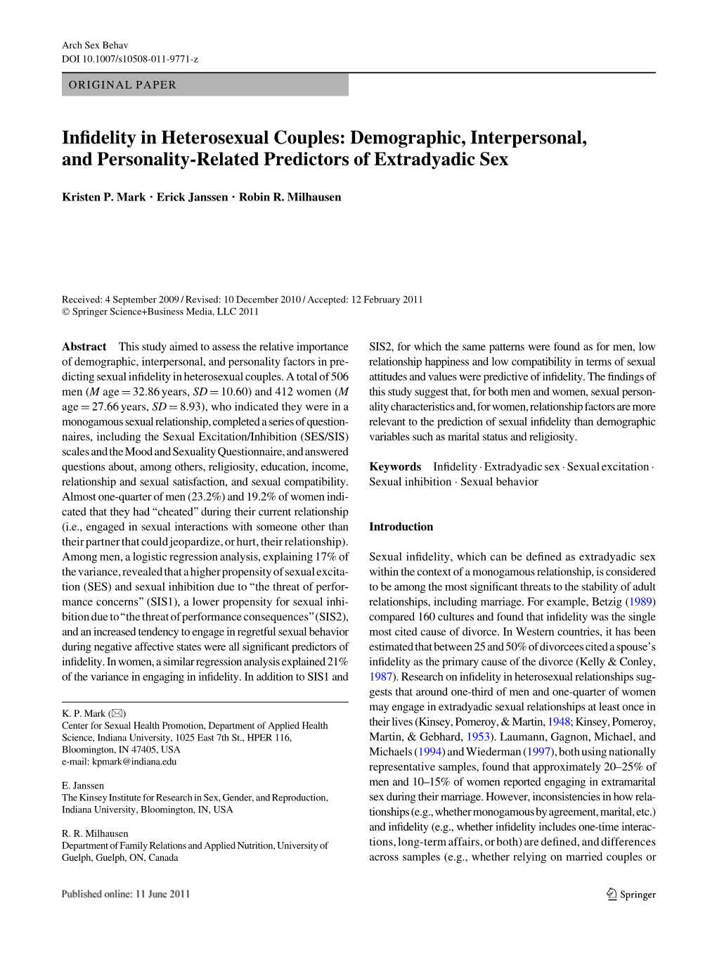 Infidelity in Heterosexual Couples: Demographic, Interpersonal, And