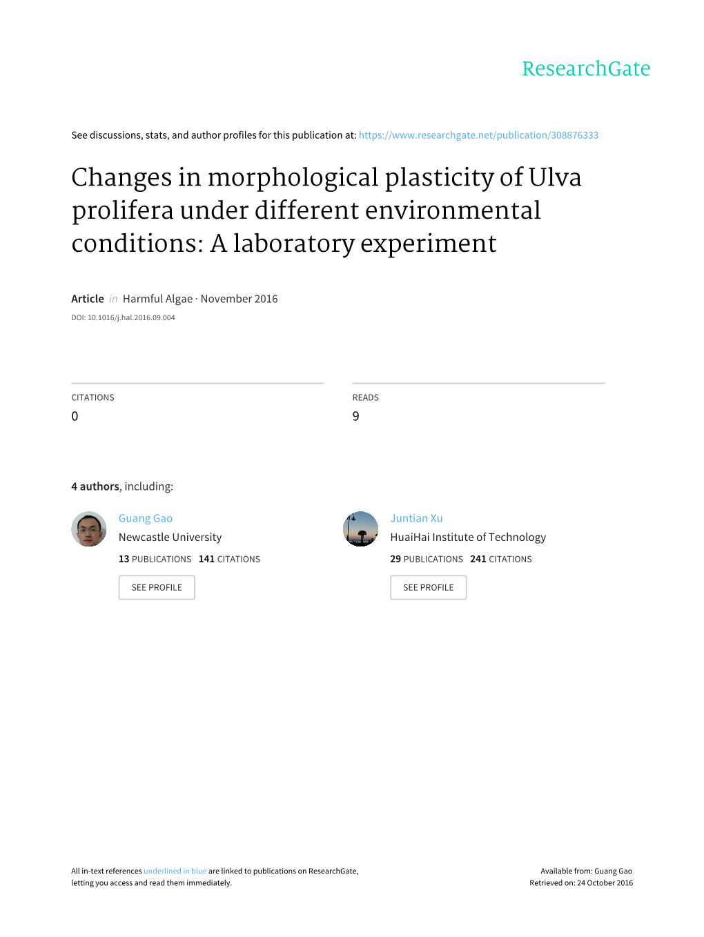 Changes in Morphological Plasticity of Ulva Prolifera Under Different Environmental Conditions: a Laboratory Experiment