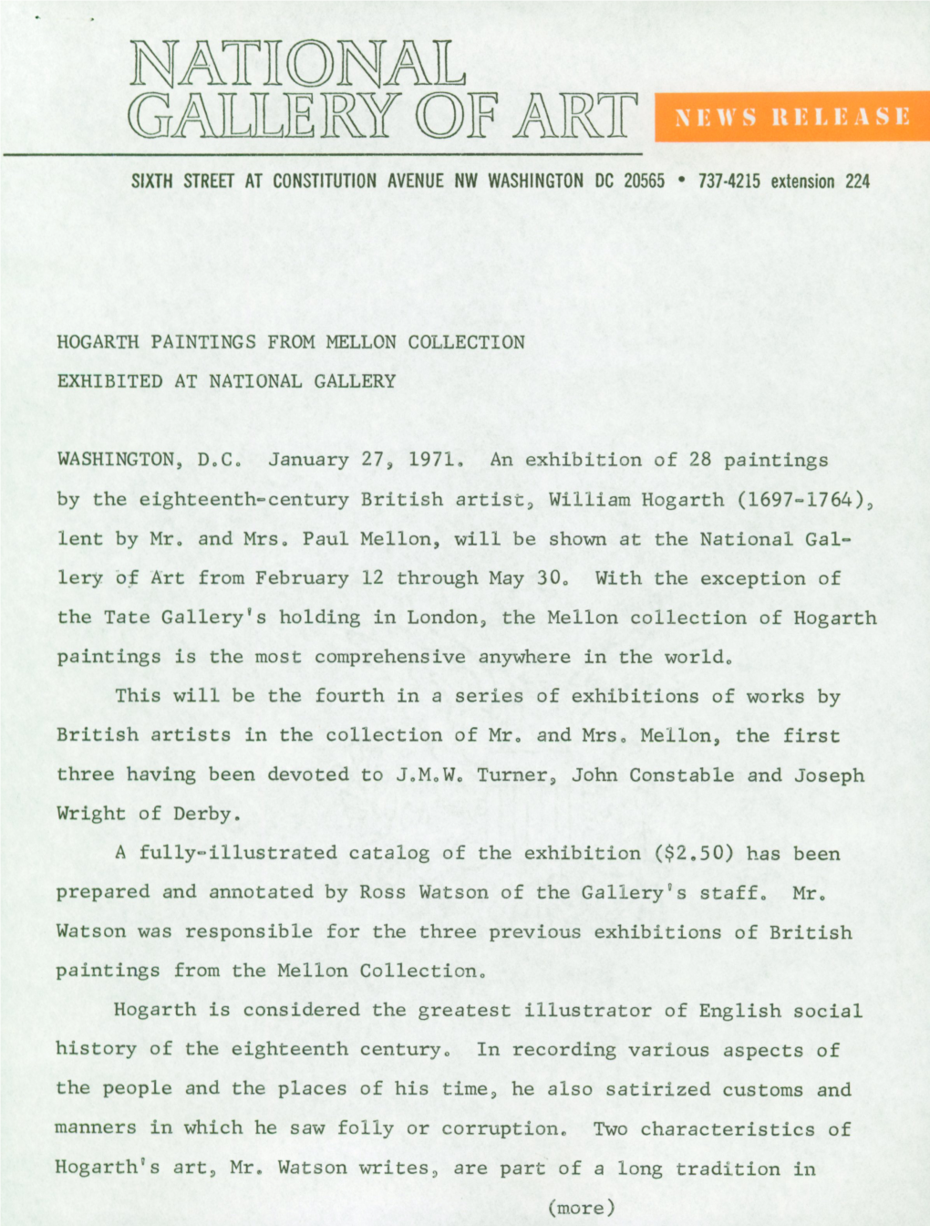 WASHINGTON, DC January 27, 1971. an Exhibition of 28 Paintings by the Eighteenth-Century British Artist, William Hogarth