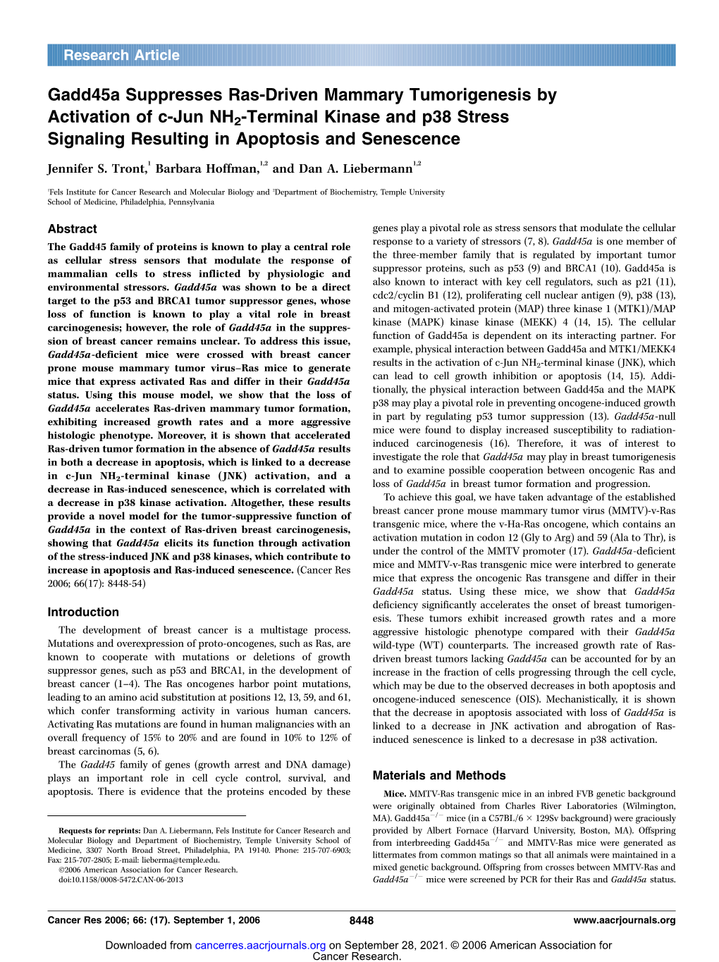 Gadd45a Suppresses Ras-Driven Mammary Tumorigenesis By