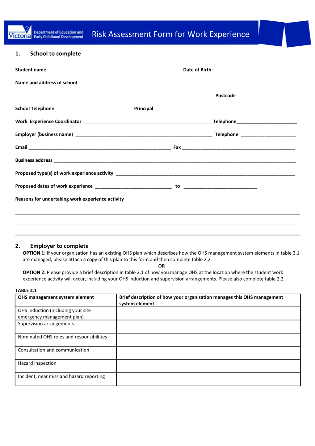 Risk Assessment Form for Work Experience