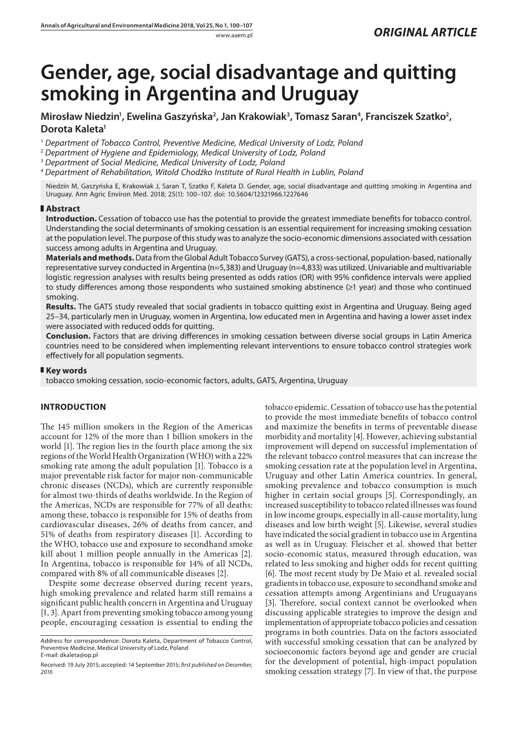 Gender, Age, Social Disadvantage and Quitting Smoking in Argentina and Uruguay