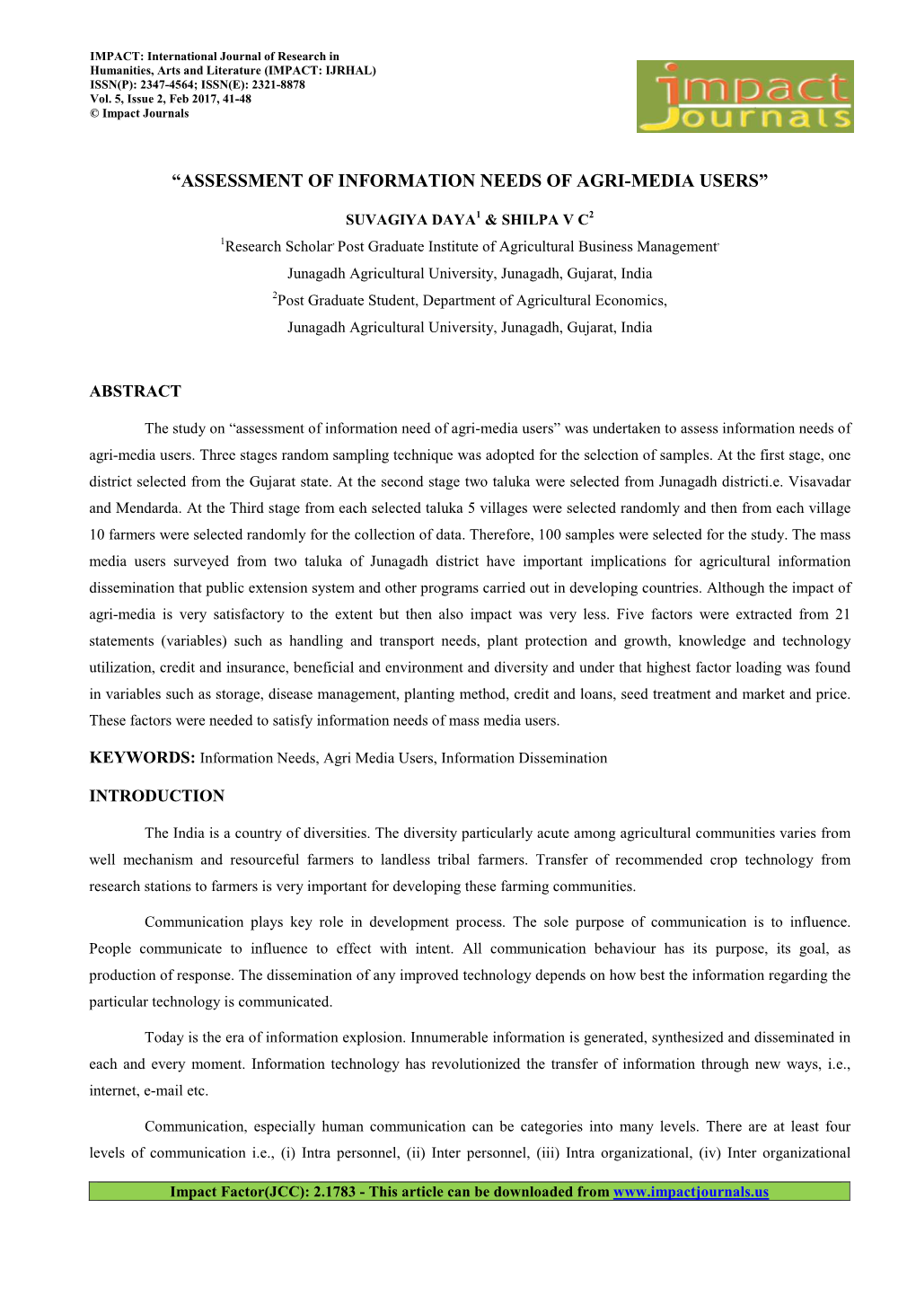 Assessment of Information Needs of Agri-Media Users”