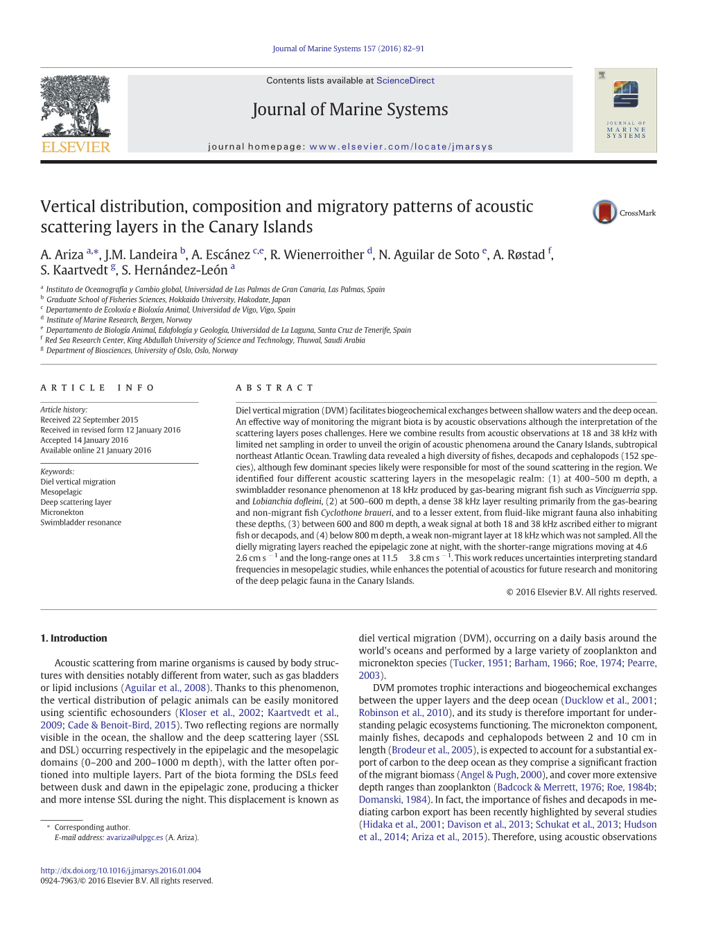 Vertical Distribution, Composition and Migratory Patterns of Acoustic Scattering Layers in the Canary Islands