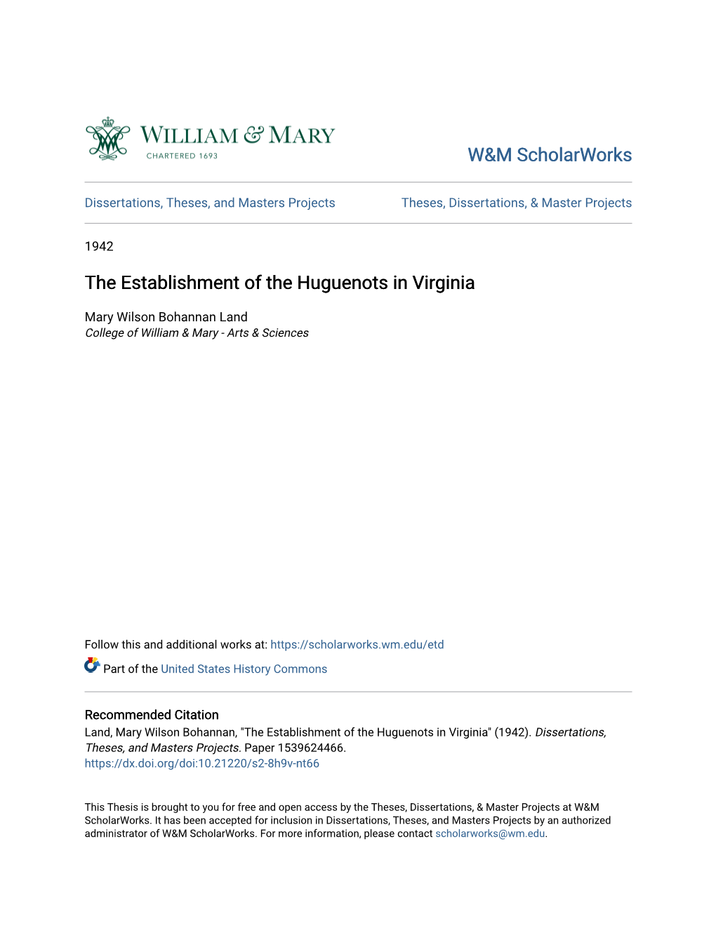 The Establishment of the Huguenots in Virginia