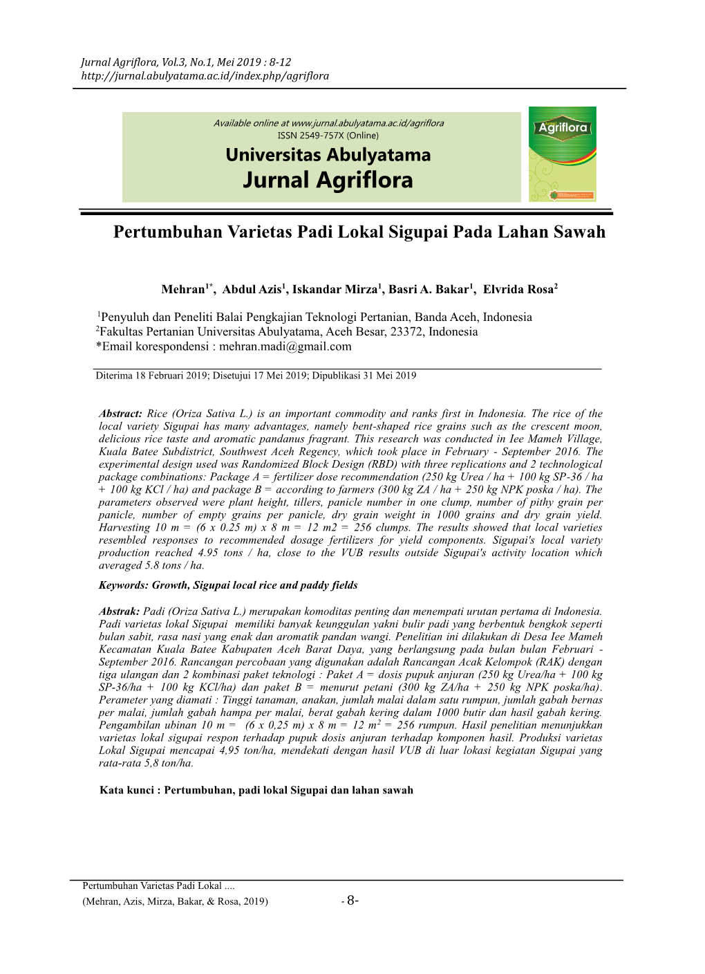 Jurnal Agriflora, Vol.3, No.1, Mei 2019 : 8-12