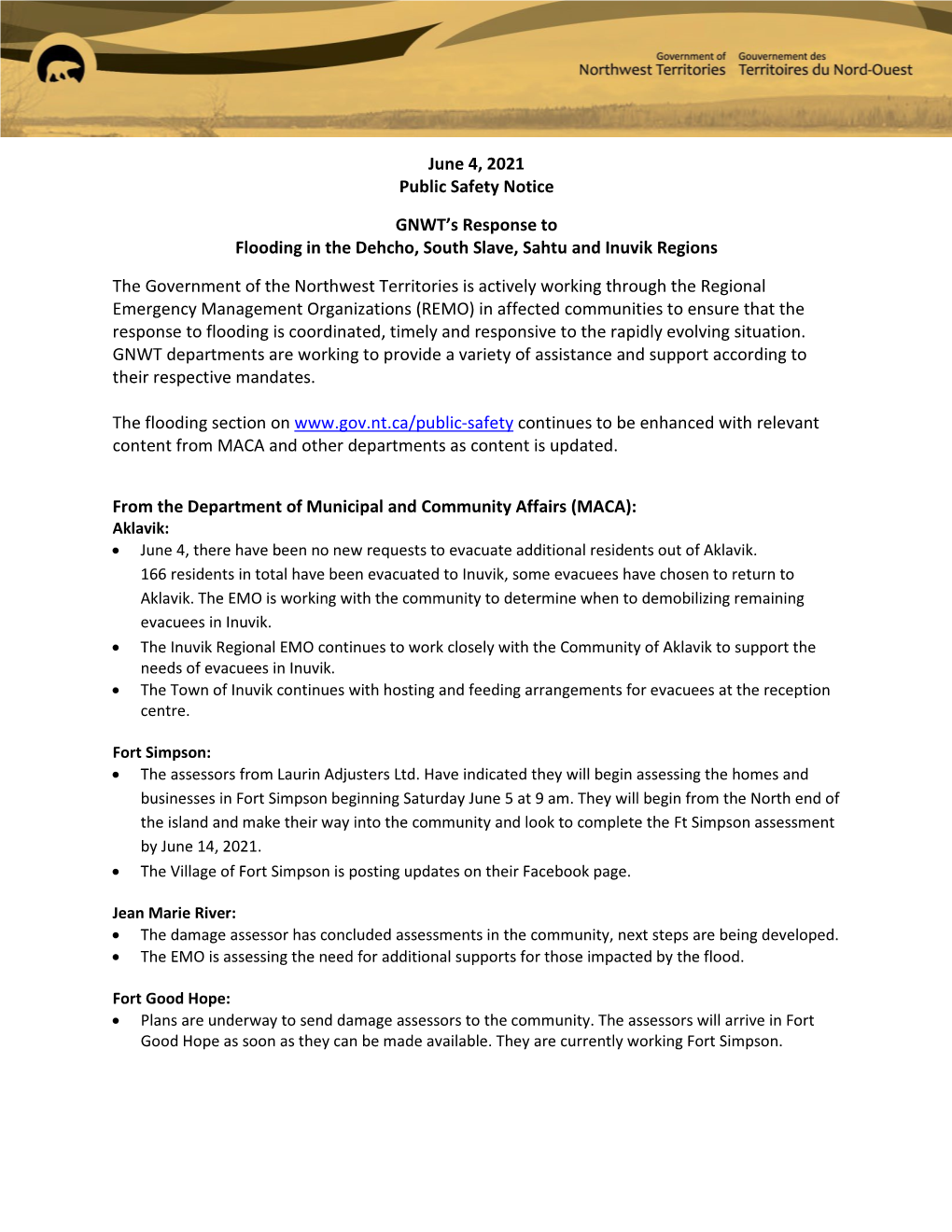 June 4, 2021 Public Safety Notice GNWT's Response to Flooding In