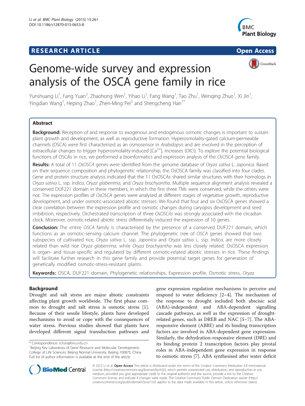 Genome-Wide Survey and Expression Analysis of the OSCA Gene Family In