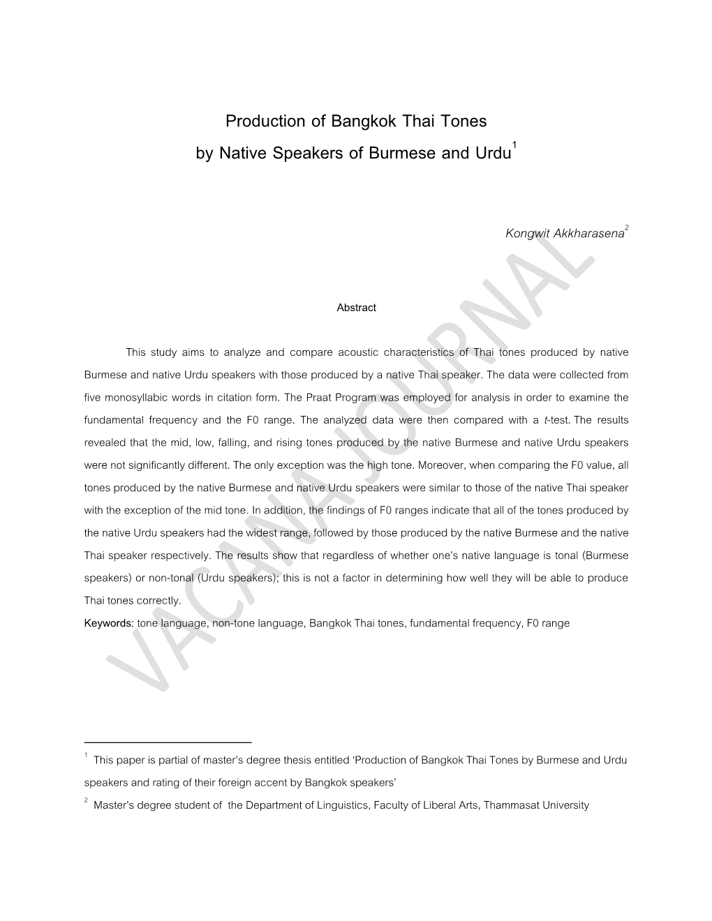 Production of Bangkok Thai Tones by Native Speakers of Burmese and Urdu1