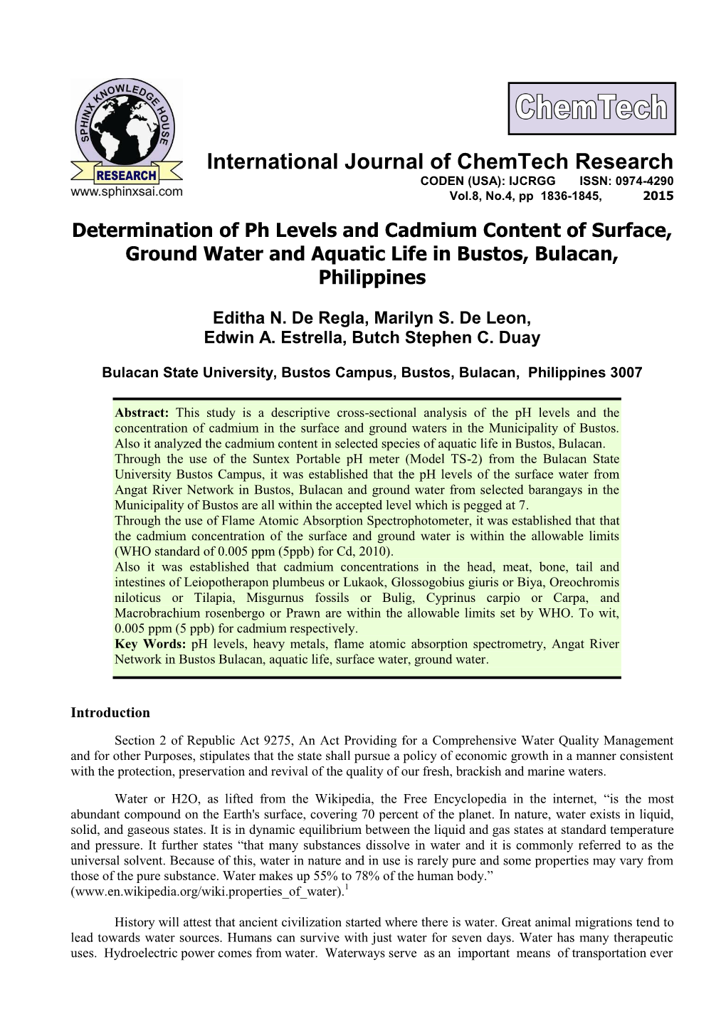 Determination of Ph Levels and Cadmium Content of Surface, Ground Water and Aquatic Life in Bustos, Bulacan, Philippines