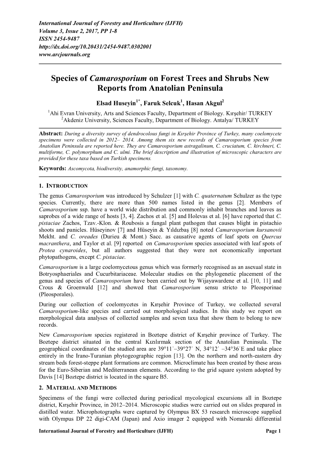 Species of Camarosporium on Forest Trees and Shrubs New Reports from Anatolian Peninsula