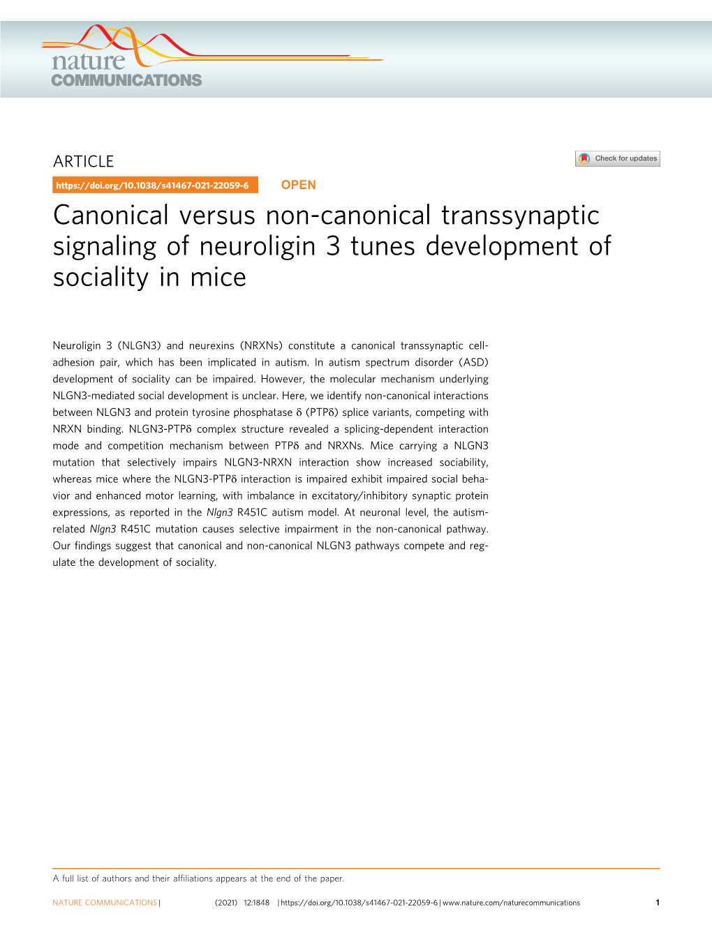 Canonical Versus Non-Canonical Transsynaptic Signaling of Neuroligin 3 Tunes Development of Sociality in Mice