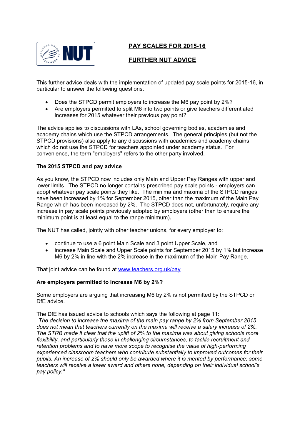 Does the STPCD Permit Employers to Increase the M6 Pay Point by 2%?