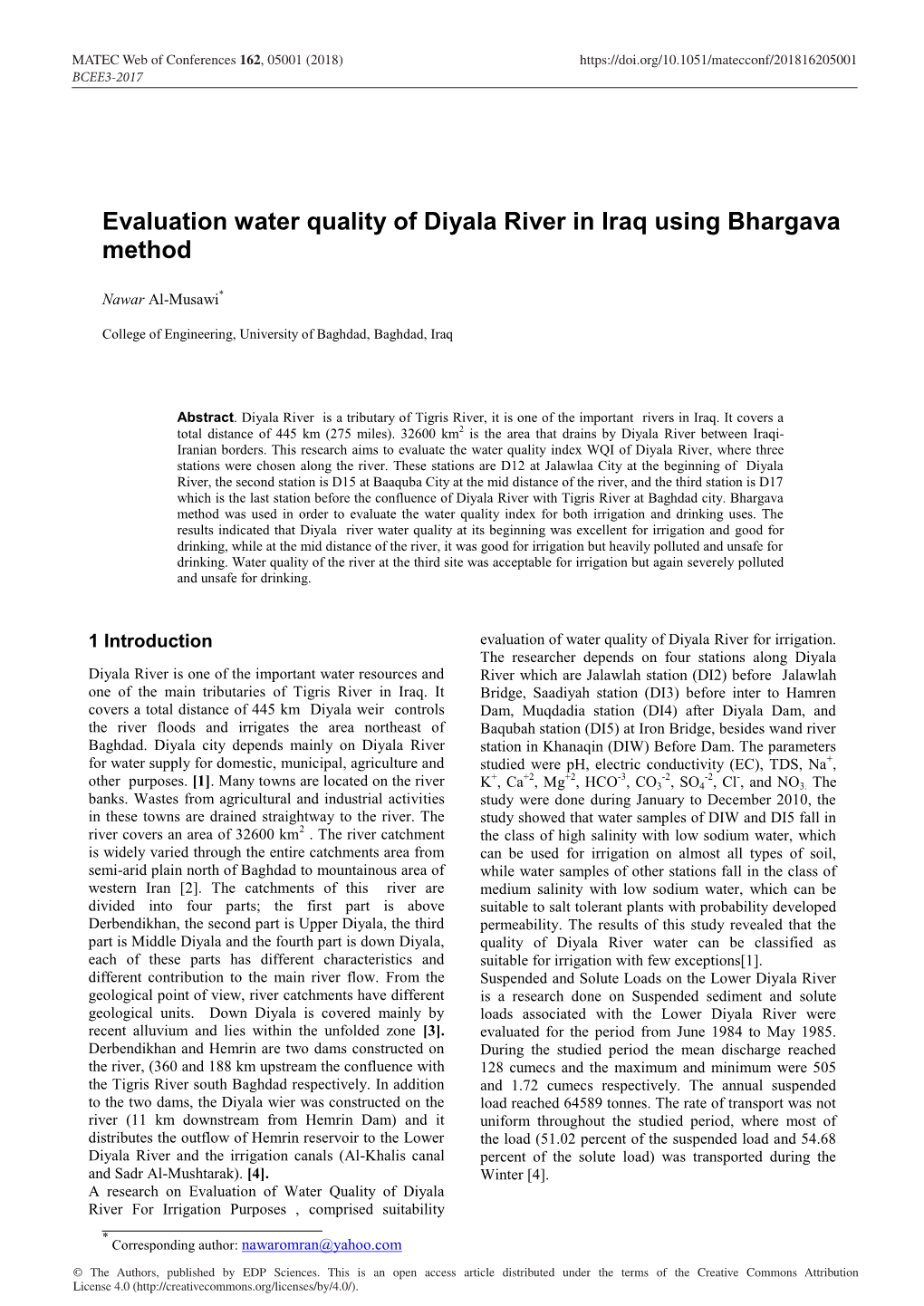 Evaluation Water Quality of Diyala River in Iraq Using Bhargava Method