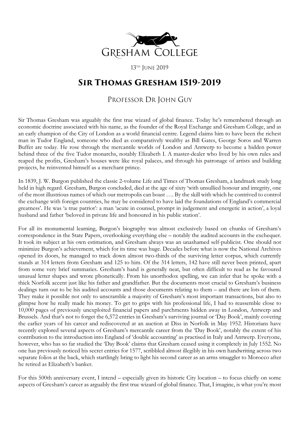 Sir Thomas Gresham 1519-2019