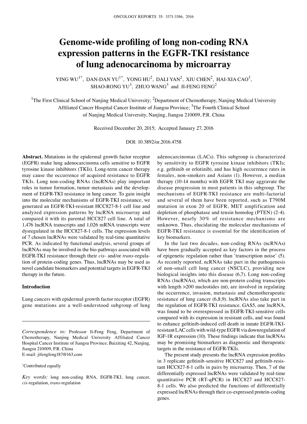 Genome-Wide Profiling of Long Non-Coding RNA Expression Patterns in the EGFR-TKI Resistance of Lung Adenocarcinoma by Microarray