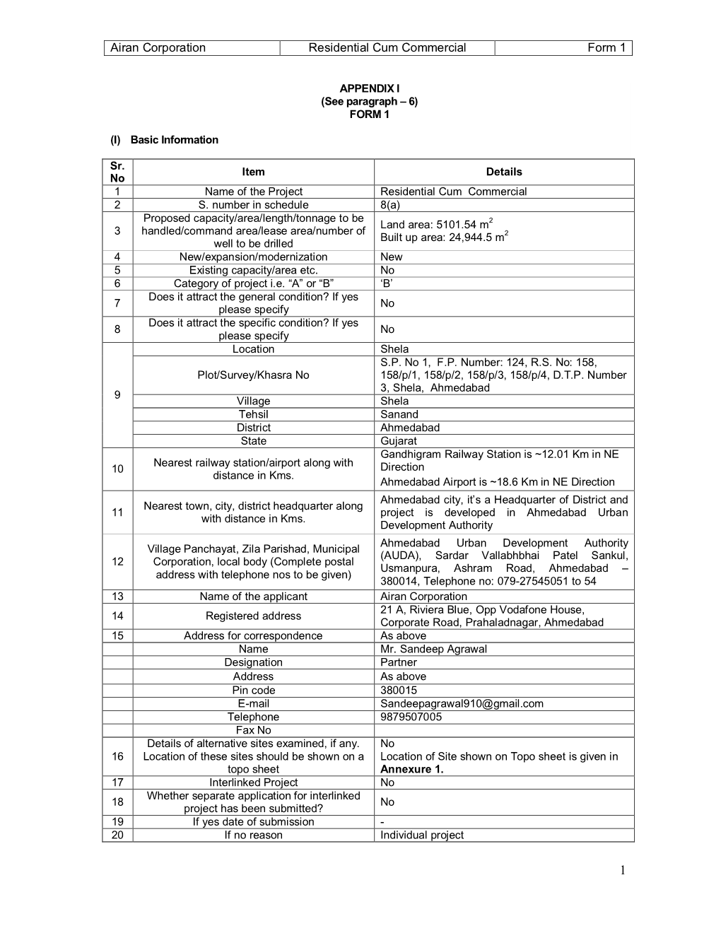 Airan Corporation Residential Cum Commercial Form 1