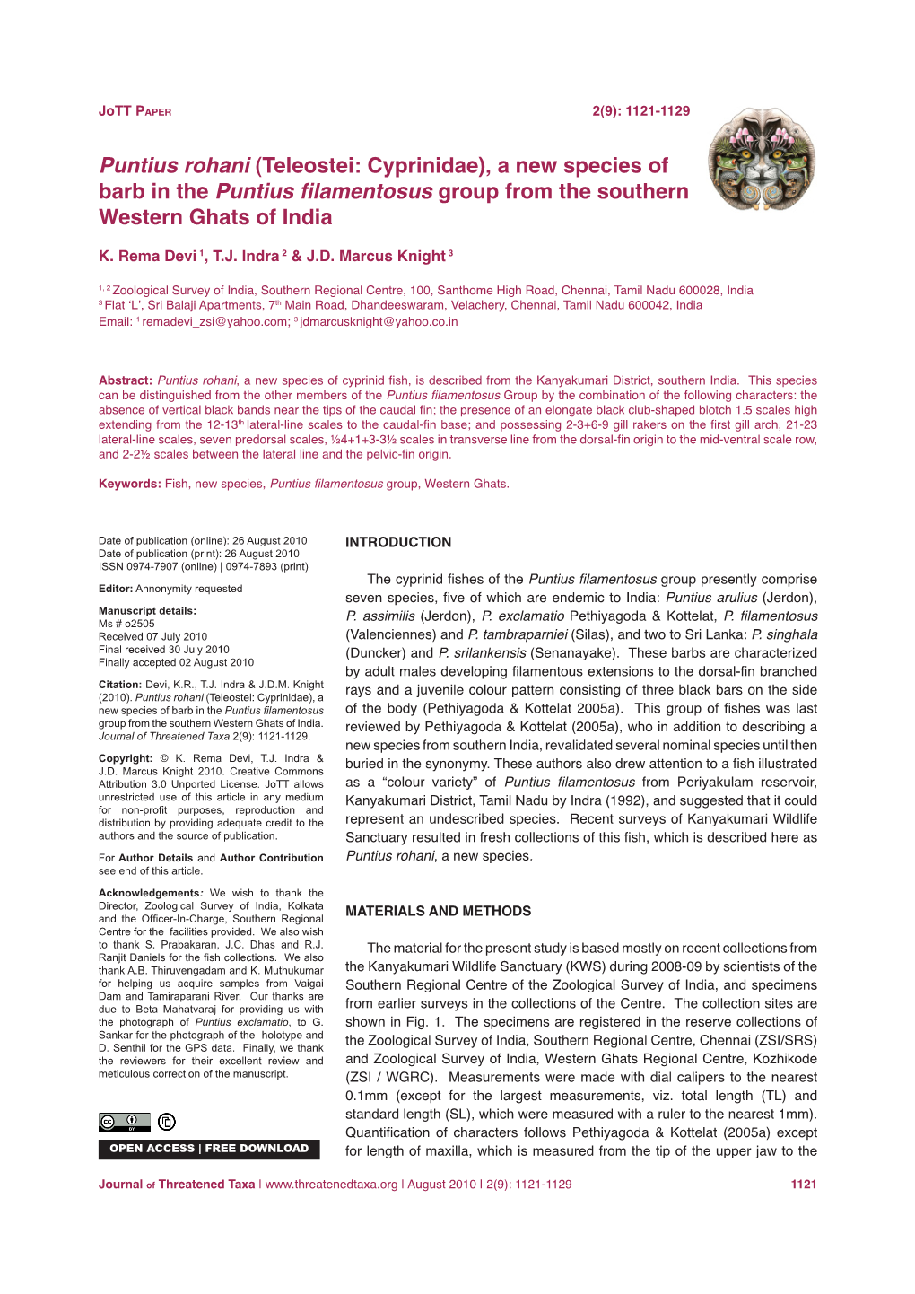 (Teleostei: Cyprinidae), a New Species of Barb in the Puntius Filamentosus Group from the Southern Western Ghats of India