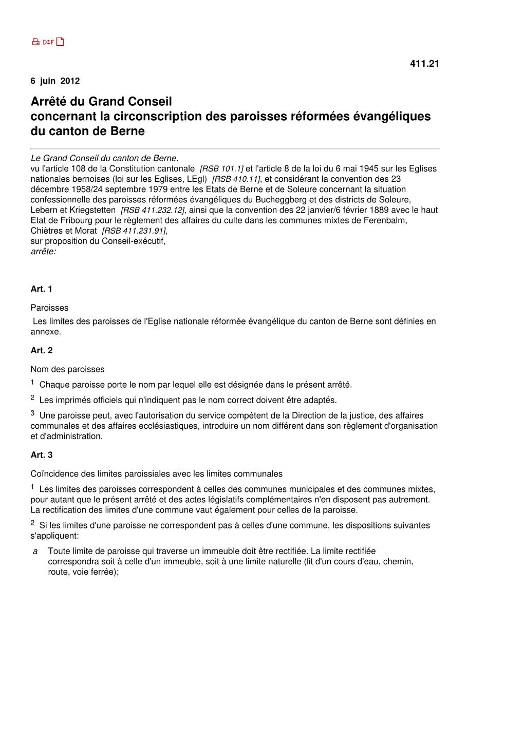 Arrêté Du Grand Conseil Concernant La Circonscription Des Paroisses Réformées Évangéliques Du Canton De Berne